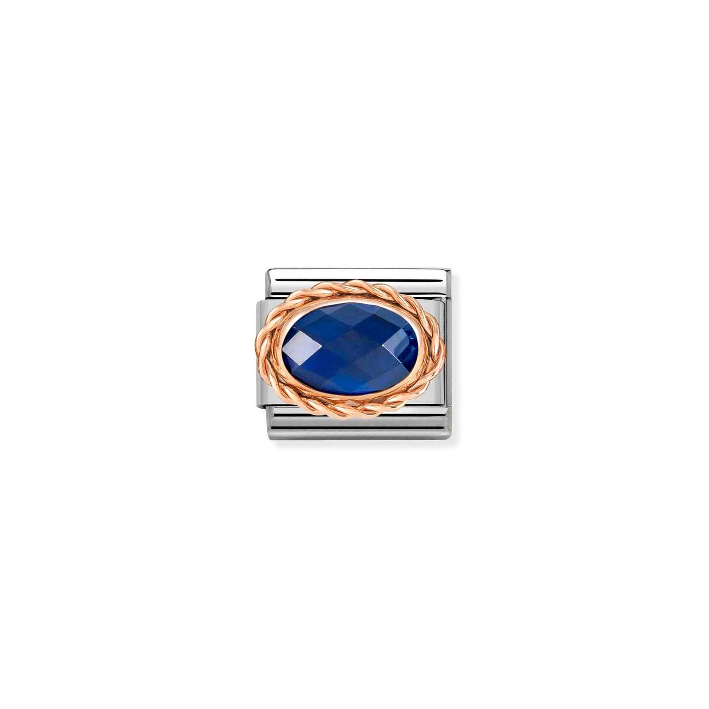 Composable Classic Dekoratif Link - Yüzey İşlemeli Oval - Mavi - (007 Blue) 9K Rose Altın
