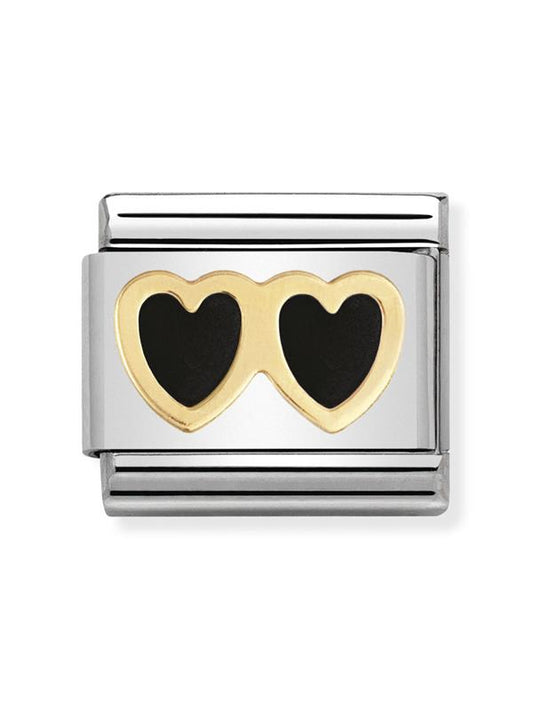 Composable Classic Dekoratif Link - Aşk - Siyah Çift Kalp - 18K Altın