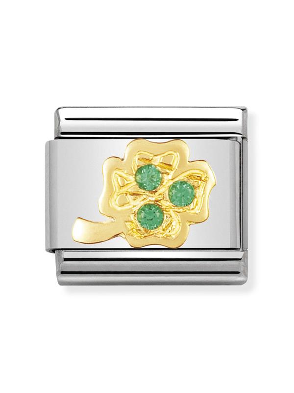 Composable Classic Dekoratif Link - İyi Şans - Yeşil Dört Yaprak - 18K Altın Zirkon
