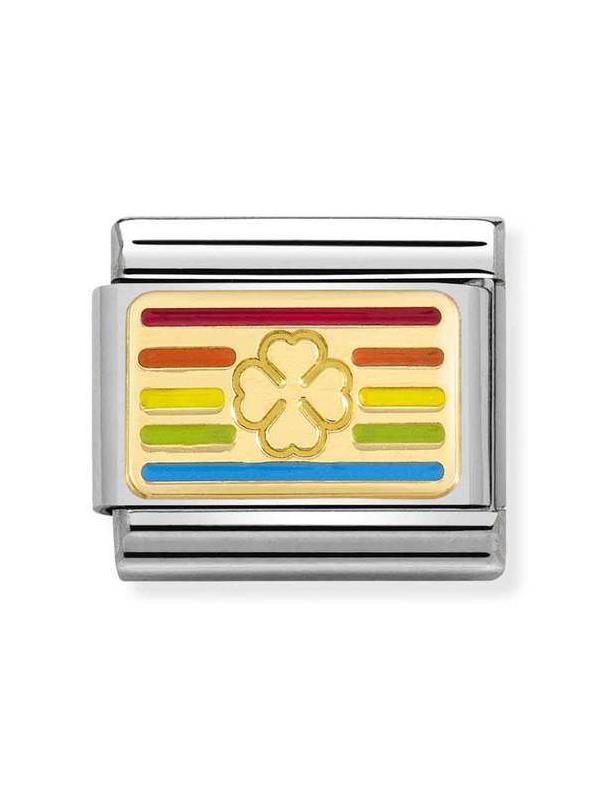Composable Classic Dekoratif Link - Plakalar - Gökkuşağı dört yaprak yonca bayrağı - 18K Altın