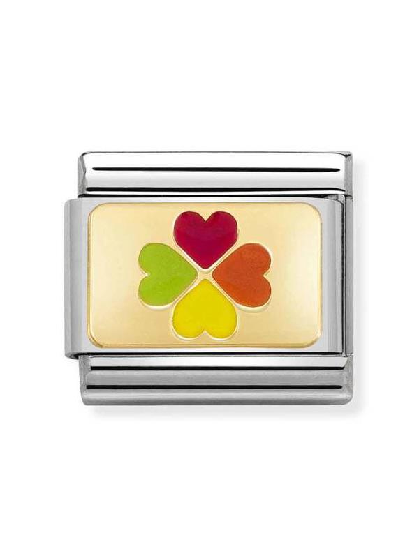 Composable Classic Dekoratif Link - Plakalar - Gökkuşağı Dört Yaprak Yoncası - 18K Altın