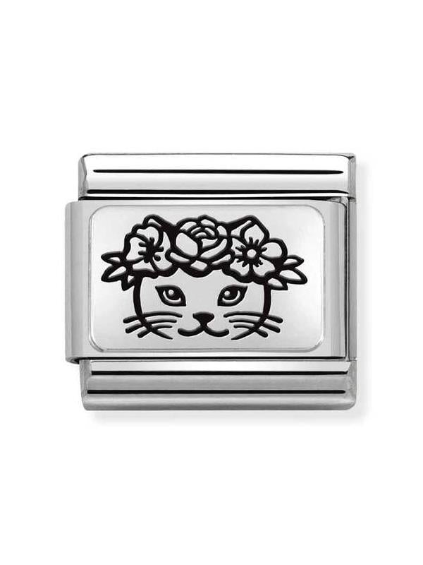 Composable Classic Dekoratif Link - Plakalar Mesajlar - Kedi Çiçek - 925 Gümüş