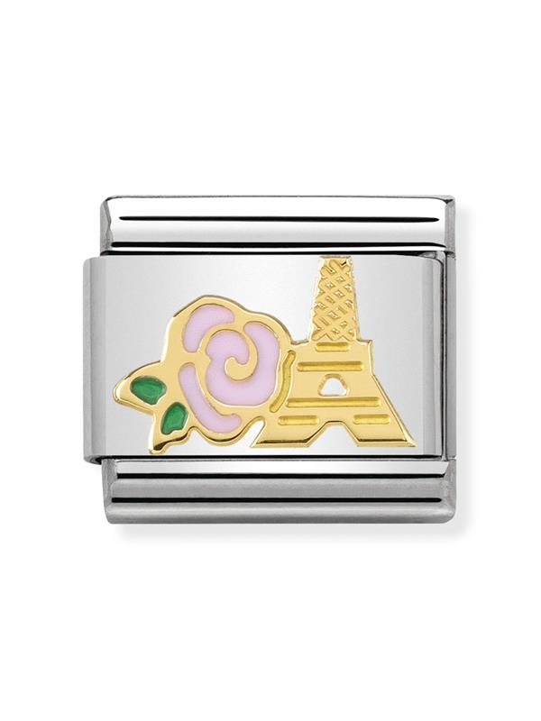 Composable Classic Dekoratif Link - Semboller - Pembe Gül ve Eyfel Kulesi - 18K Altın