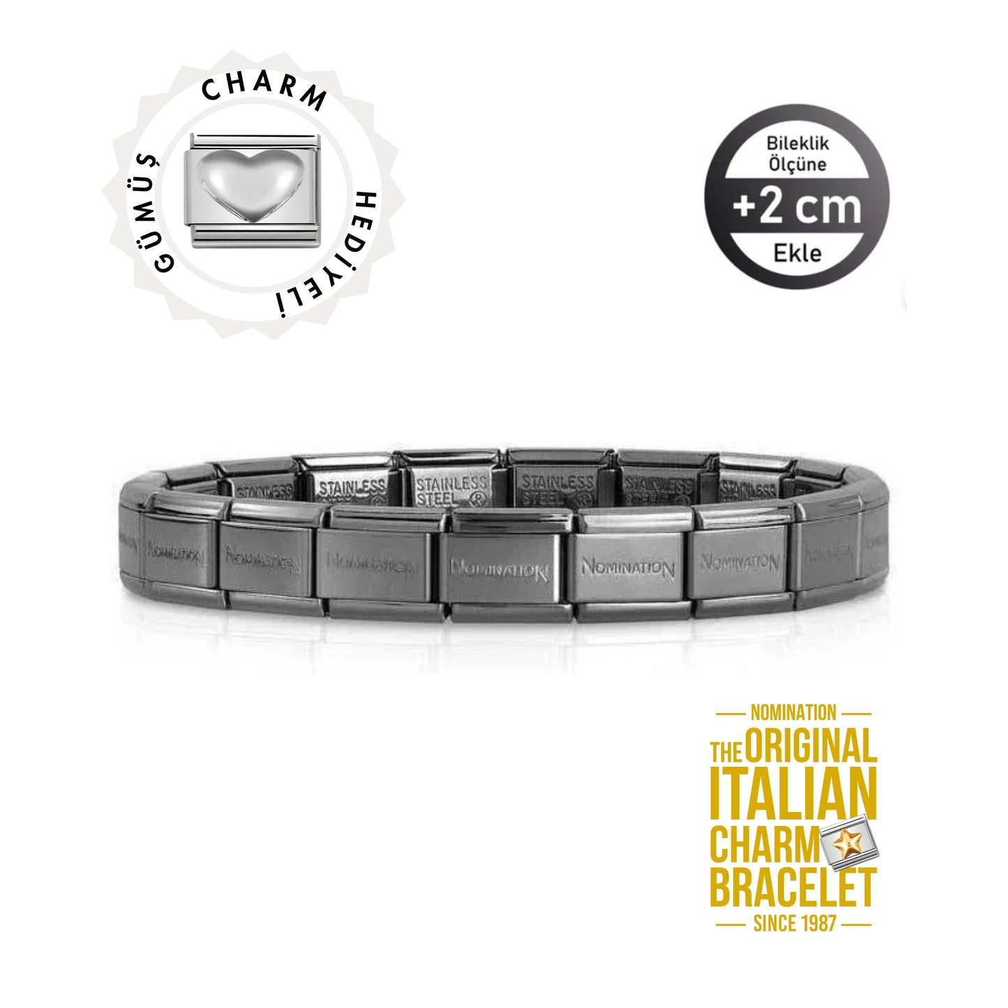 Orijinal İtalyan Charm Bileklik Kişiselleştirilebilir Siyah, Gümüş Kalp Link Hediyeli Made in Italy