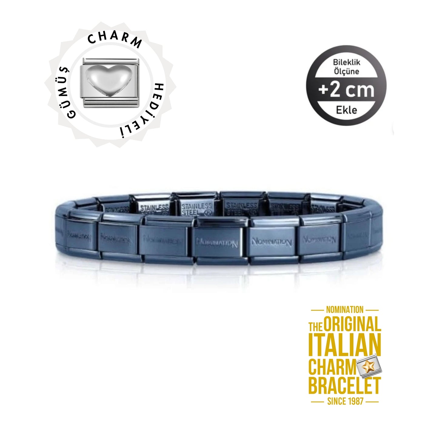 Orijinal İtalyan Charm Bileklik Kişiselleştirilebilir Lacivert, Gümüş Kalp Link Hediyeli Made in Italy