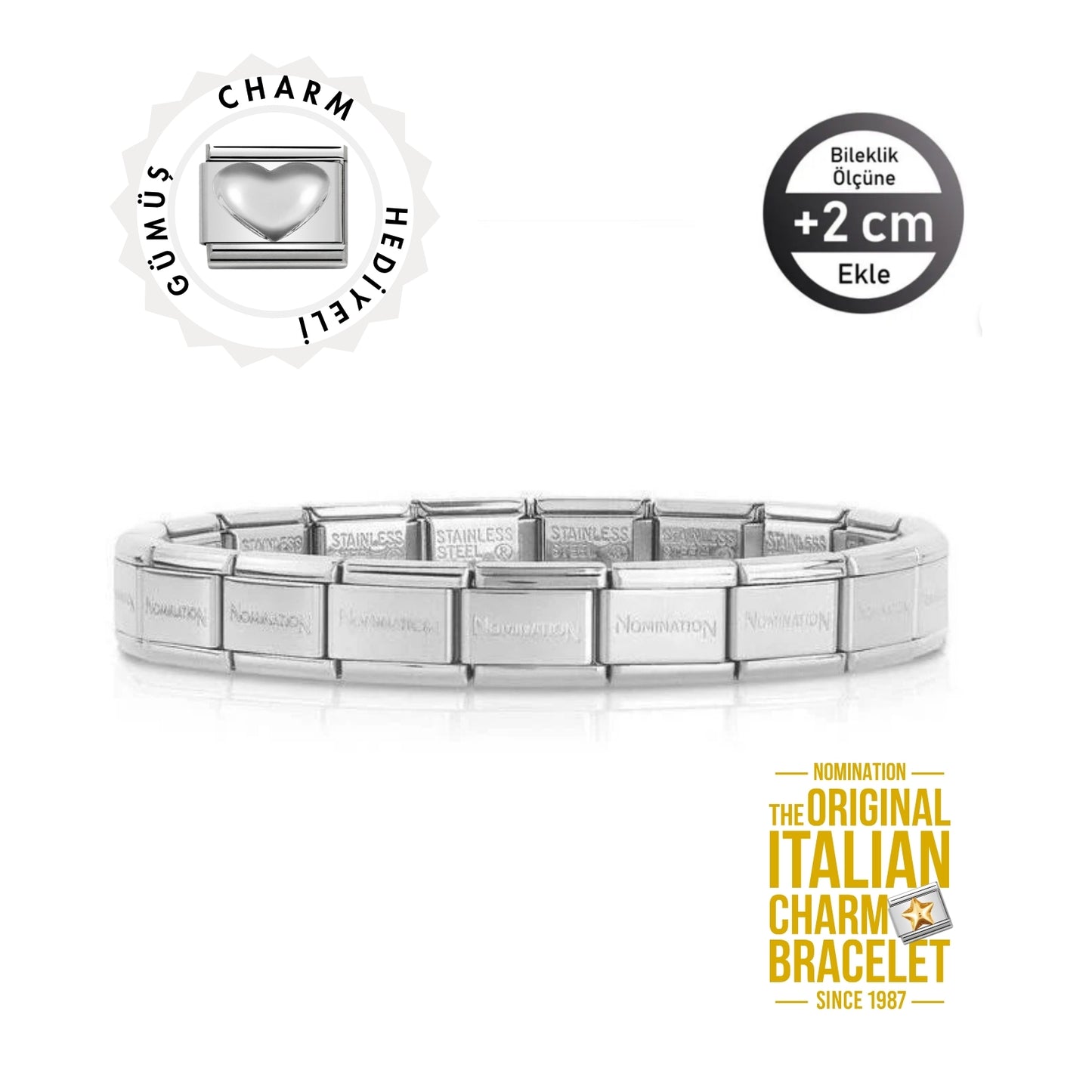 Orijinal İtalyan Charm Bileklik Kişiselleştirilebilir Çelik, Gümüş Kalp Link Hediyeli Made in Italy