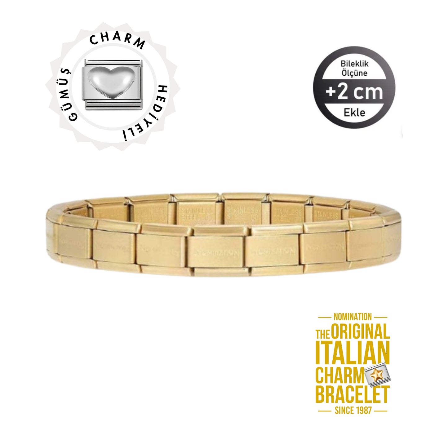 Orijinal İtalyan Charm Bileklik Kişiselleştirilebilir Mat Altın Sarısı, Gümüş Kalp Link Hediyeli Made in Italy
