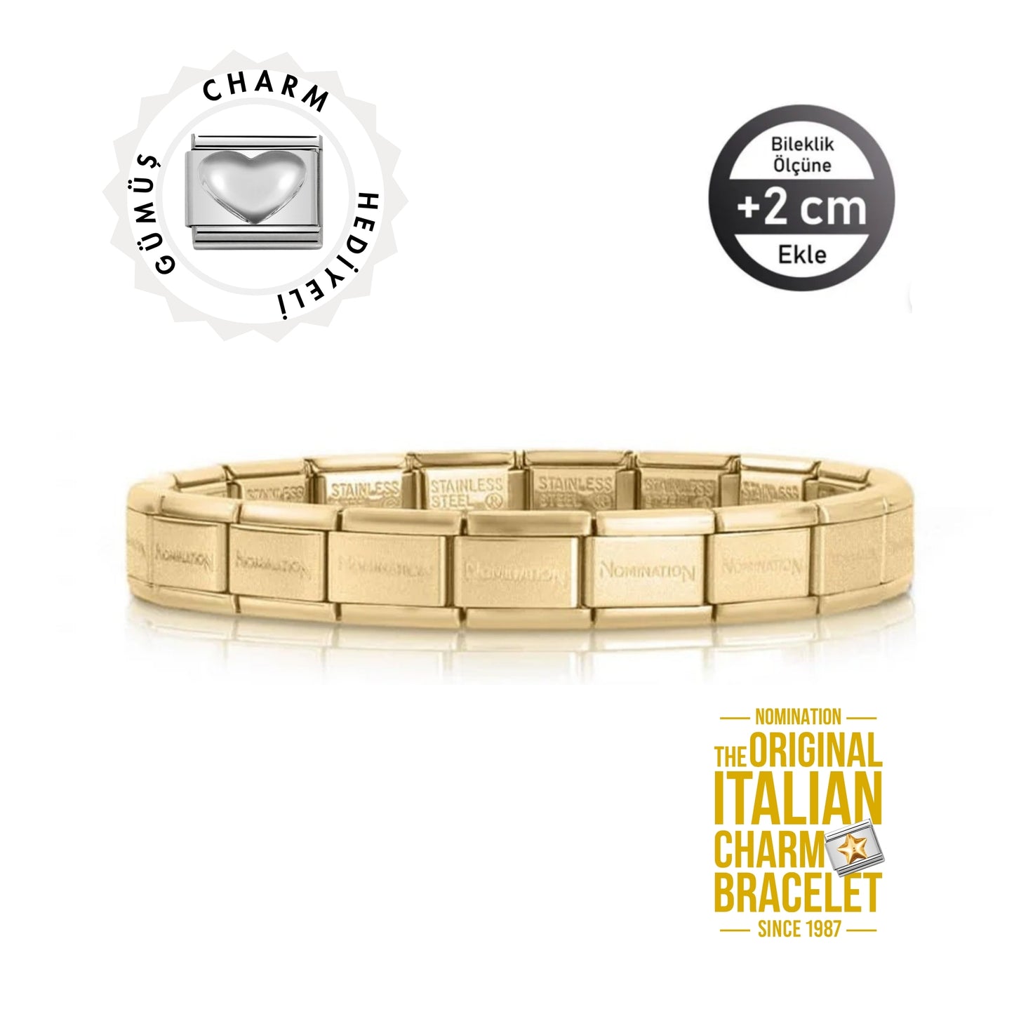 Orijinal İtalyan Charm Bileklik Kişiselleştirilebilir Altın Sarısı, Gümüş Kalp Link Hediyeli Made in Italy