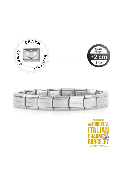 Orijinal İtalyan Charm Bileklik Kişiselleştirilebilir Çelik - Gümüş Kalp Hediyeli Made in Italy