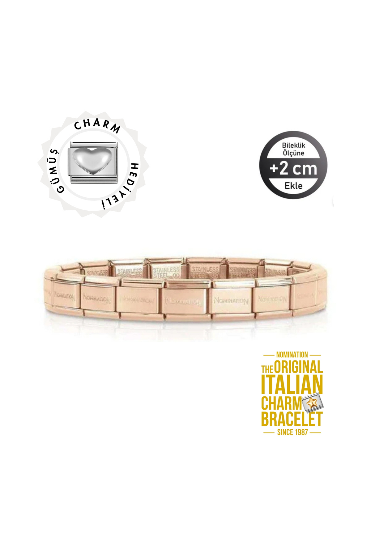 Orijinal İtalyan Charm Bileklik Kişiselleştirilebilir Çelik - Gümüş Kalp Hediyeli Made in Italy