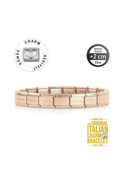 Orijinal İtalyan Charm Bileklik Kişiselleştirilebilir Çelik - Gümüş Kalp Hediyeli Made in Italy