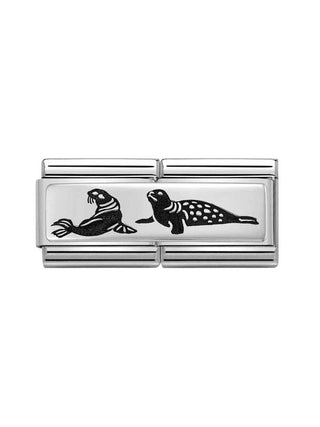 Composable Classic Dekoratif Link - İkili Gravür - Fok balıkları - (07 Seals) 925 Gümüş