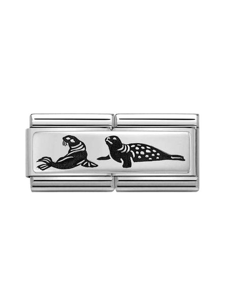 Composable Classic Dekoratif Link - İkili Gravür - Fok balıkları - (07 Seals) 925 Gümüş