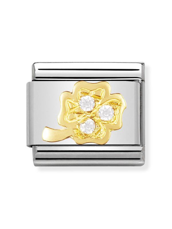 Composable Classic Dekoratif Link - İyi Şans - Beyaz Dört Yaprak Yonca -  18K Altın Zirkon