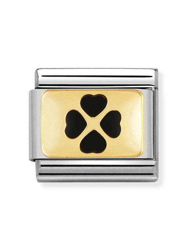 Composable Classic Dekoratif Link - Plakalar - Siyah Dört Yaprak Yonca -  18K Altın