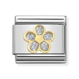 Composable Classic Dekoratif Link - Semboller Pırıltılı - Gümüş çiçek -  18K Altın