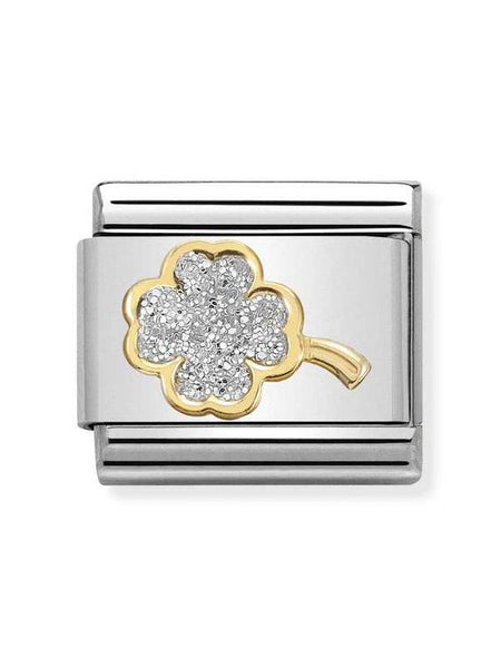 Composable Classic Dekoratif Link - Semboller Pırıltılı - Gümüş Dört Yaprak Yonca -  18K Altın