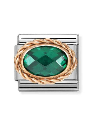 Composable Classic Dekoratif Link - Yüzey İşlemeli Oval - Zümrüt yeşili -  9K Rose Altın