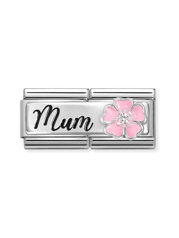 Composable DOUBLE Classic DETAILED steel, enamel, cz and 925 sterling silver Mum with flower