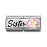 Composable DOUBLE Classic DETAILED steel, enamel, cz and 925 sterling silver Sister with flower