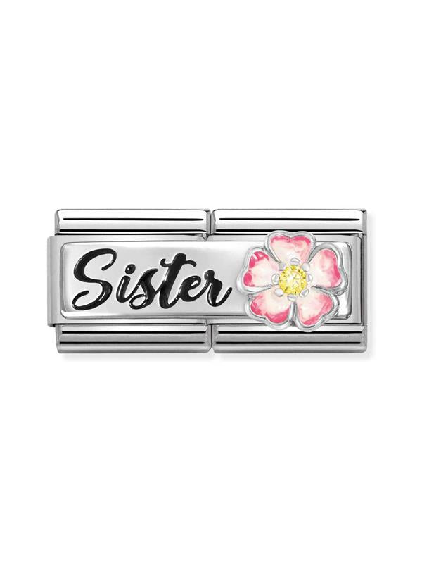 Composable DOUBLE Classic DETAILED steel, enamel, cz and 925 sterling silver Sister with flower