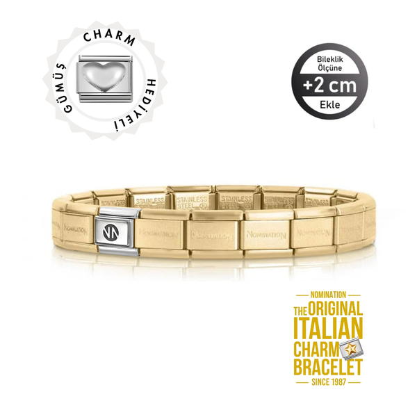 Orijinal İtalyan Charm Bileklik Kişiselleştirilebilir Altın Sarısı - Gümüş Kalp Hediyeli Made in Italy