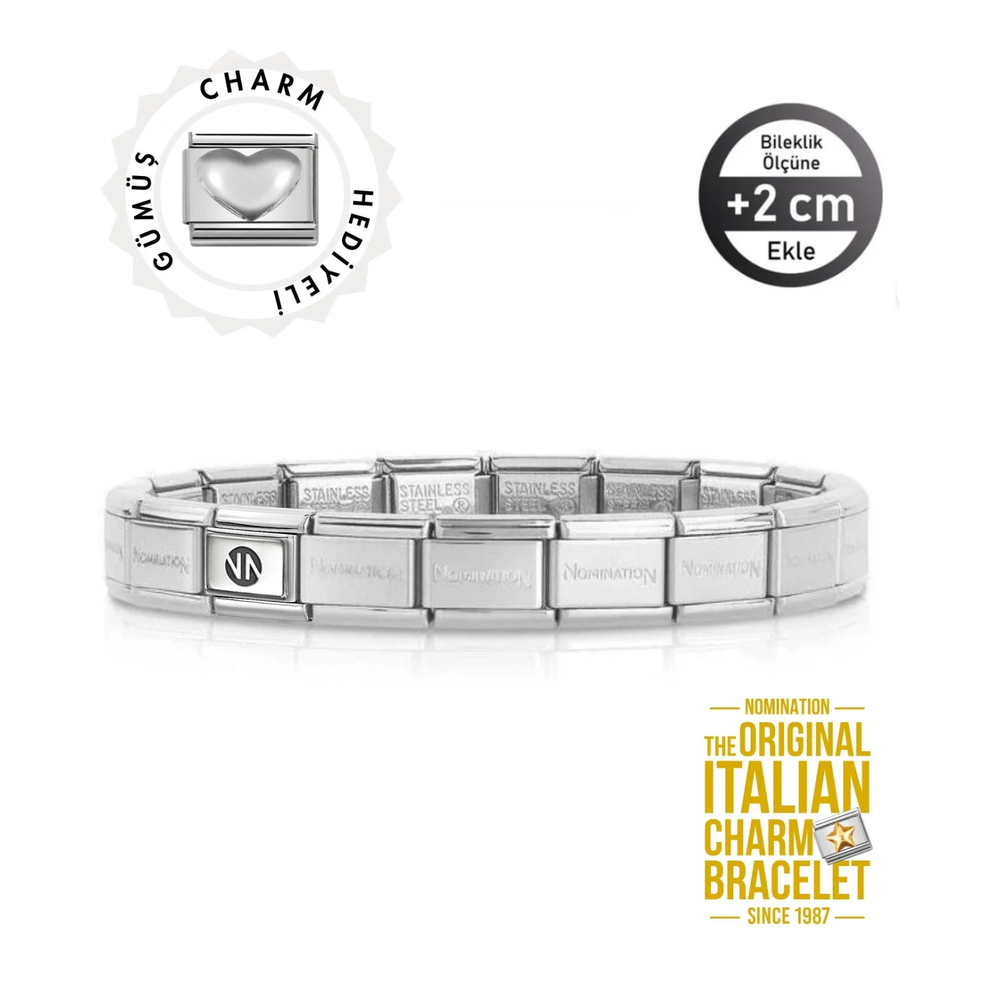 Orijinal İtalyan Charm Bileklik Kişiselleştirilebilir Çelik - Gümüş Kalp Hediyeli Made in Italy