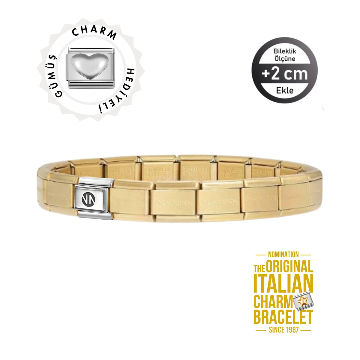 Orijinal İtalyan Charm Bileklik Kişiselleştirilebilir Mat Altın Sarısı - Gümüş Kalp Hediyeli Made in Italy