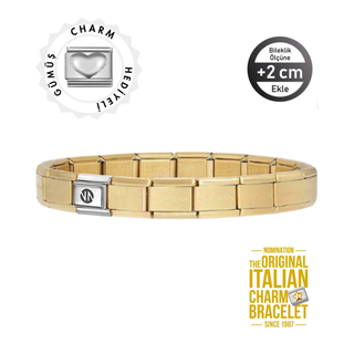Orijinal İtalyan Charm Bileklik Kişiselleştirilebilir Mat Altın Sarısı - Gümüş Kalp Hediyeli Made in Italy