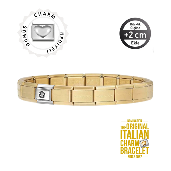 Orijinal İtalyan Charm Bileklik Kişiselleştirilebilir Mat Altın Sarısı - Gümüş Kalp Hediyeli Made in Italy