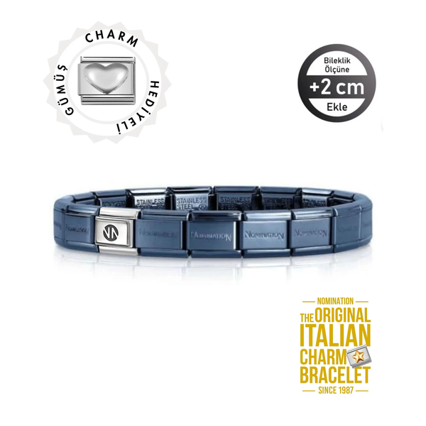 Orijinal İtalyan Charm Bileklik Kişiselleştirilebilir Lacivert - Gümüş Kalp Hediyeli Made in Italy