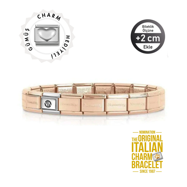 Orijinal İtalyan Charm Bileklik Kişiselleştirilebilir Çelik - Gümüş Kalp Hediyeli Made in Italy